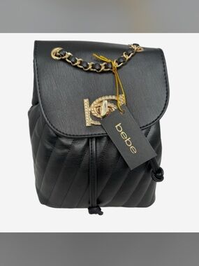 bebe Quilted Black Mini Backpack with Gold Hardware and Chain